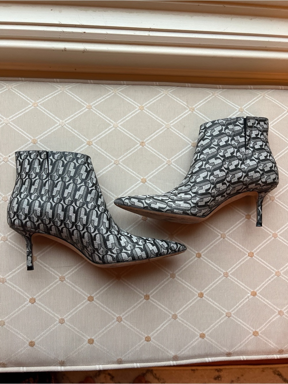 Jimmy Choo Silver & Black Monogram Glitter Kitten Heel Booties EU 36.5 / US 6.5 - Picture 1 of 8